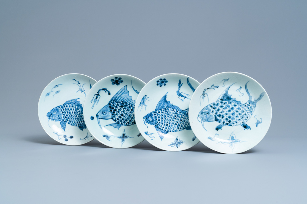 Four Chinese blue and white 'carps and shrimps' dishes, Dehua, 18/19th C.