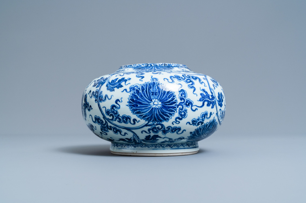 A Chinese blue and white lotus scroll vase, Xuande mark, Kangxi