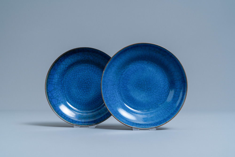 A pair of Chinese monochrome blue crackle-ground plates, Jiaqing