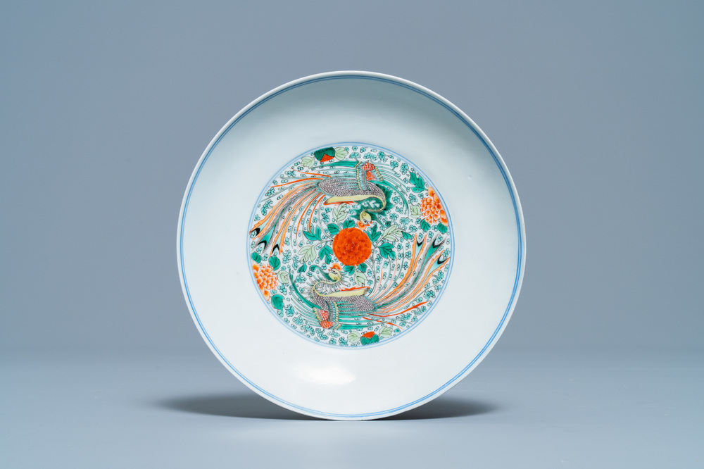 A Chinese famille verte 'double phoenix' plate, Chenghua mark, Kangxi