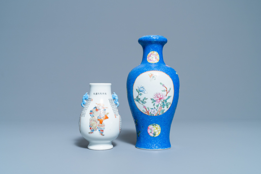 A Chinese famille rose 'Wu Shuang Pu' vase and a blue sgraffiato-ground vase, 19/20th C.