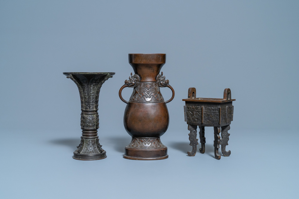 Two Chinese archaic bronze vases and a censer, 18/19th C.