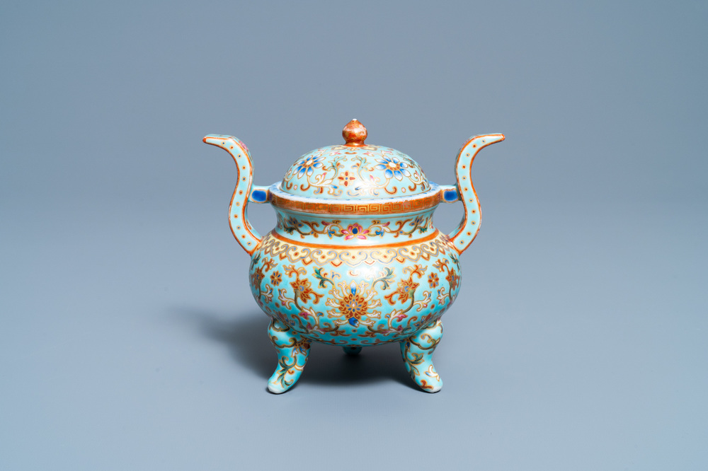 A Chinese famille rose turquoise-ground censer and cover, Republic