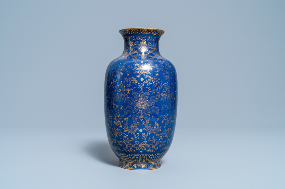 A Chinese gilt-decorated monochrome blue vase, Qianlong mark, Republic