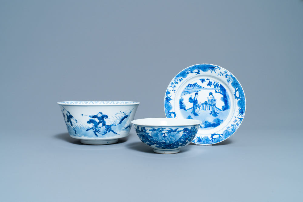 Two Chinese blue and white bowls and a plate, 19th C. and Kangxi