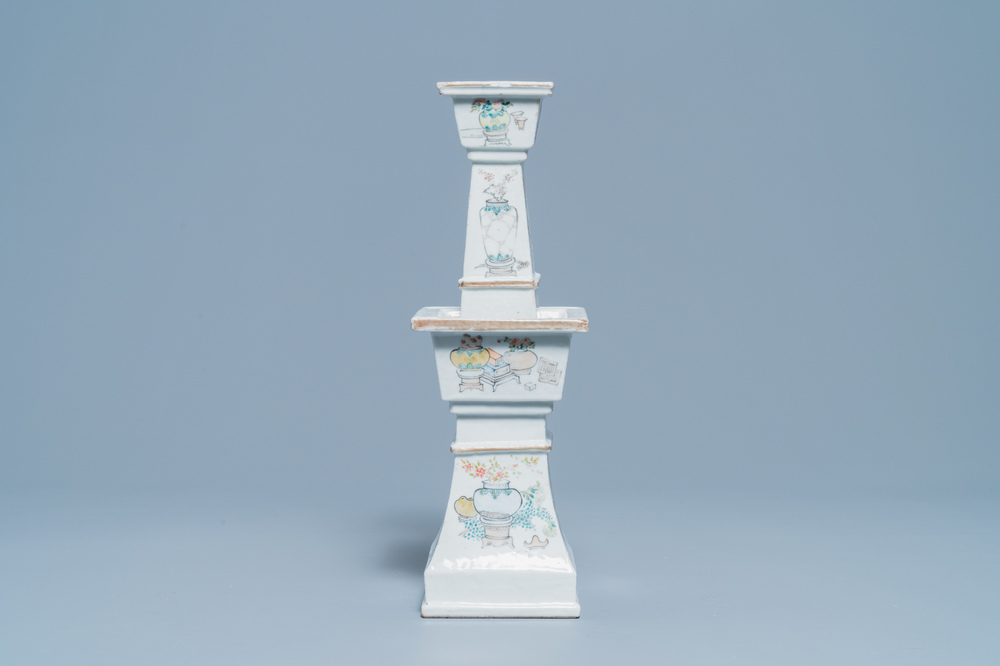 A square Chinese qianjiang cai 'antiquities' candlestick, 19th C.