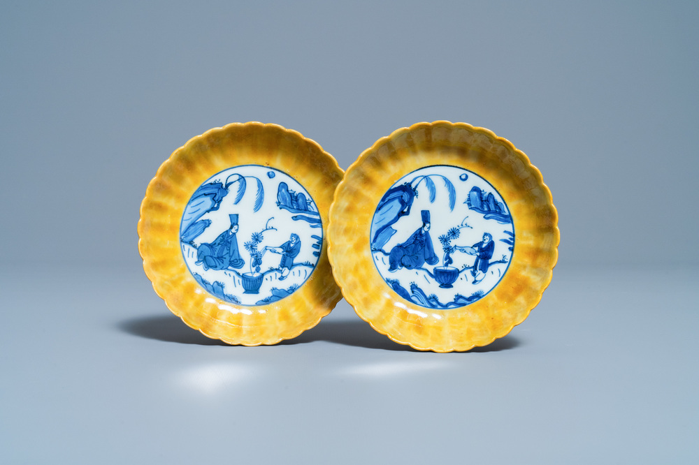 A pair of lobed Chinese blue and white yellow edge plates, 'hare' mark, Wanli