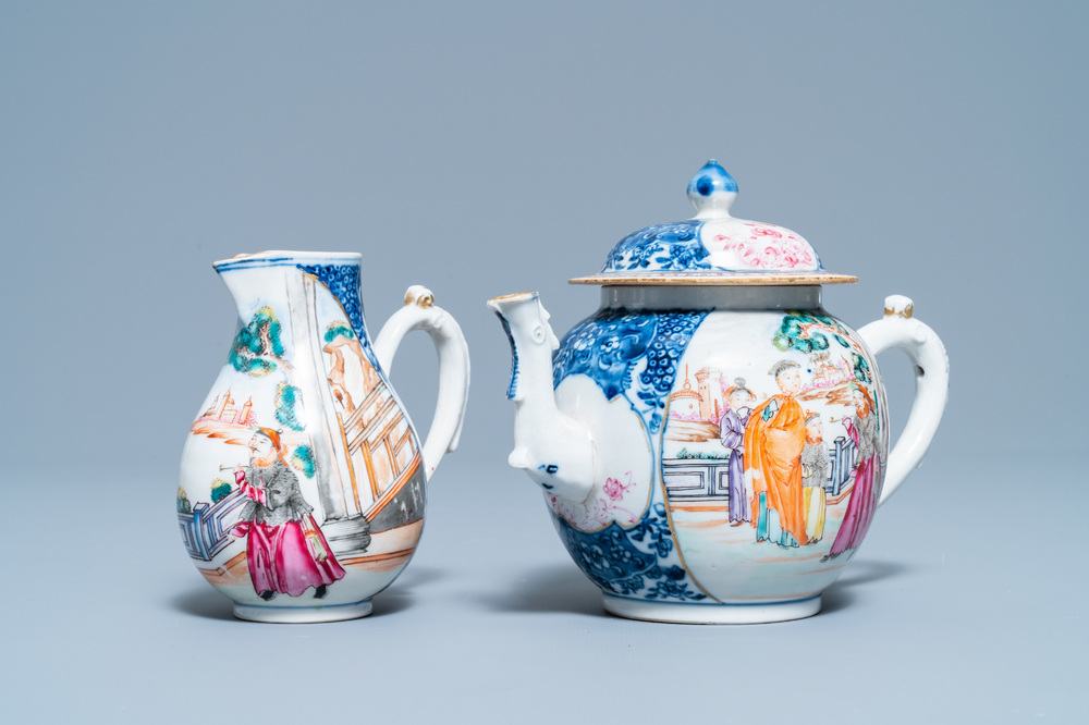 A Chinese famille rose 'Mandarin' teapot and milk jug, Qianlong