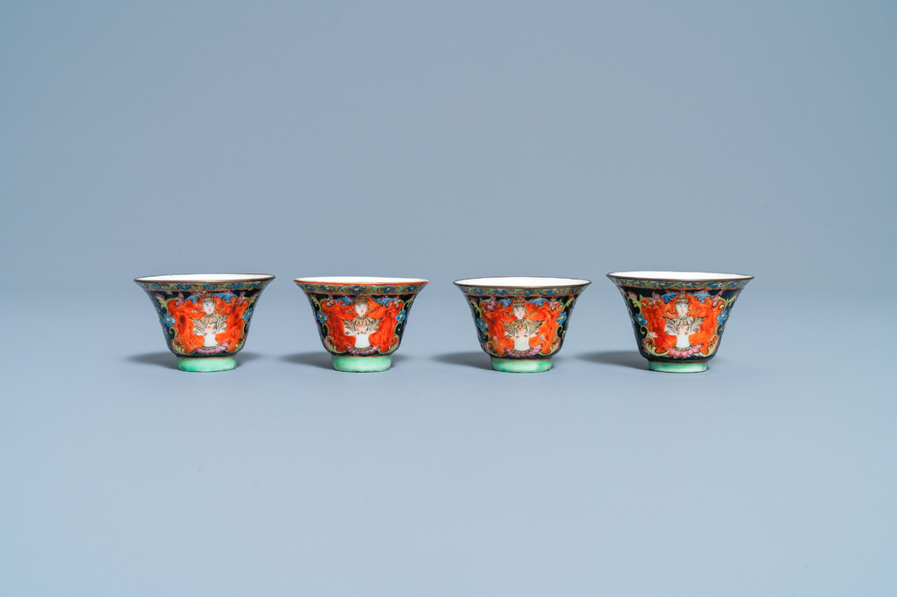 Four Chinese Thai market Bencharong cups, 19th C.