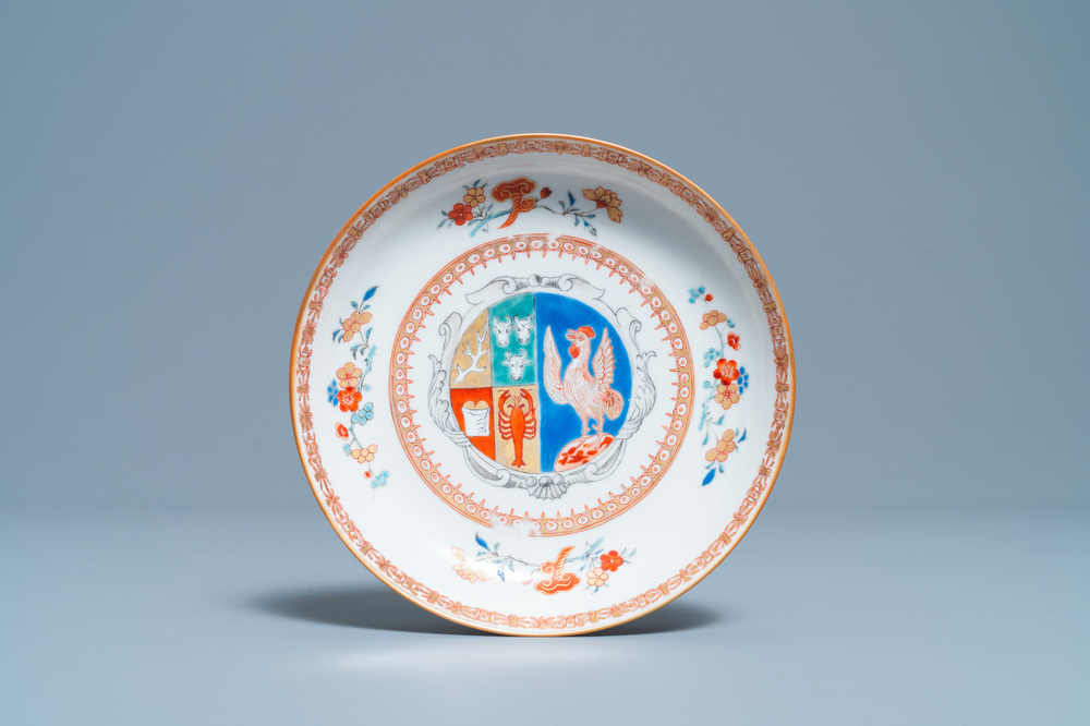 A Chinese verte-Imari Dutch market 'Scholten impaling Hogenberg' armorial dish, Qianlong