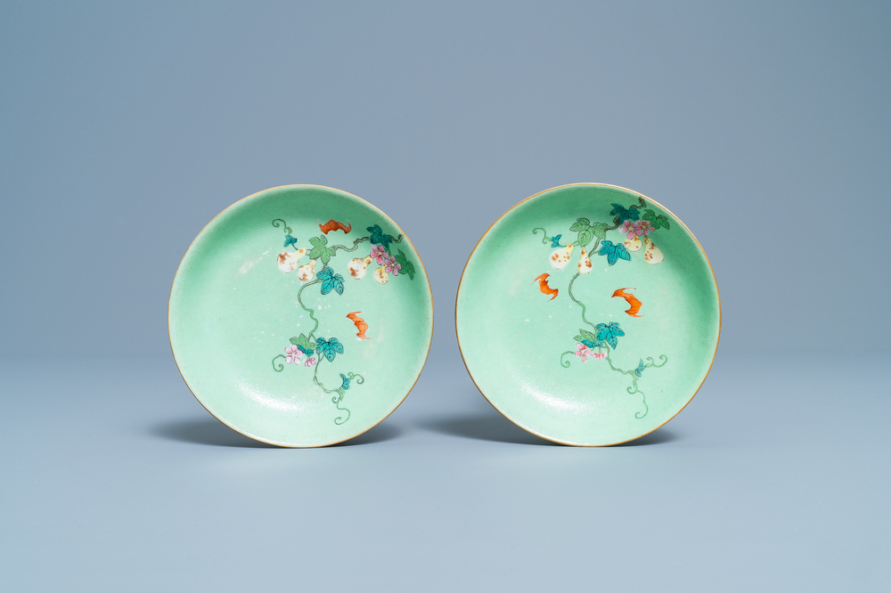 A pair of Chinese famille rose lime green-ground sgraffiato saucer dishes, Qianlong mark and of the period