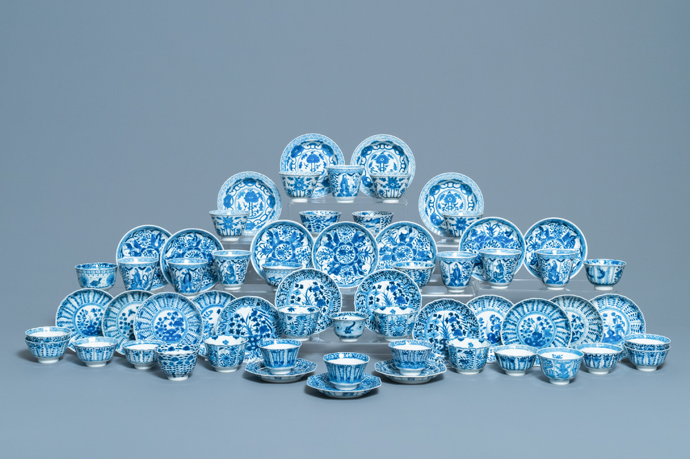 A collection of Chinese blue and white cups and saucers, 19th C.
