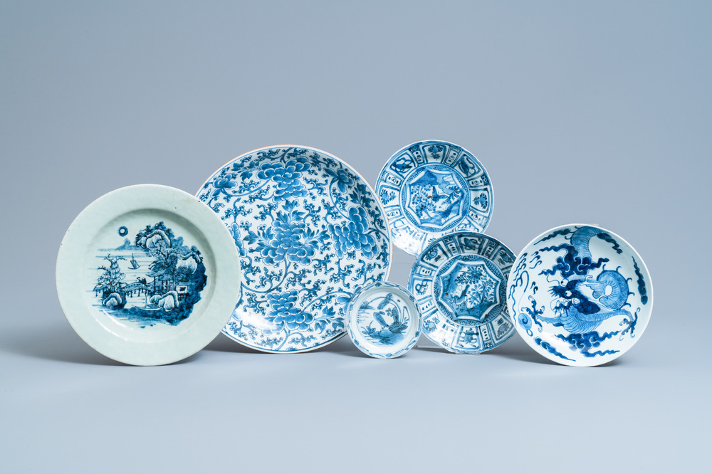 Six Chinese blue and white dishes, Wanli and later