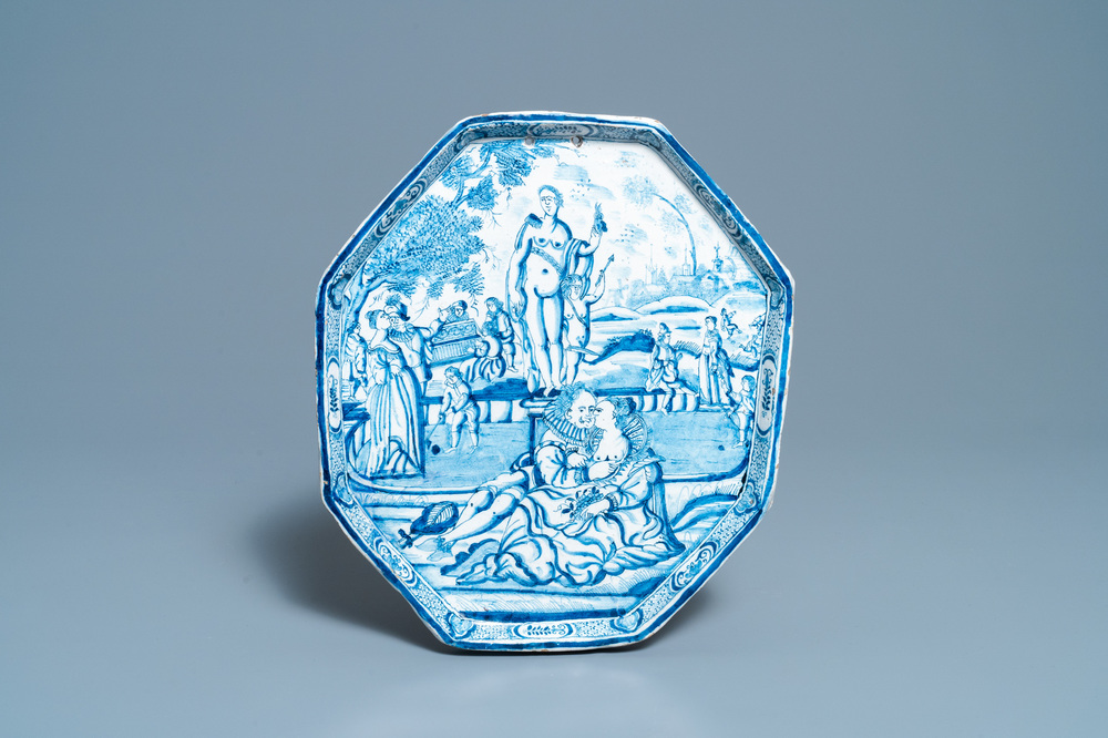 A Dutch Delft blue and white 'erotic subject' plaque, 18th C.