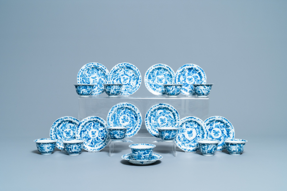 Eleven Chinese blue and white lobed cups and saucers, Kangxi