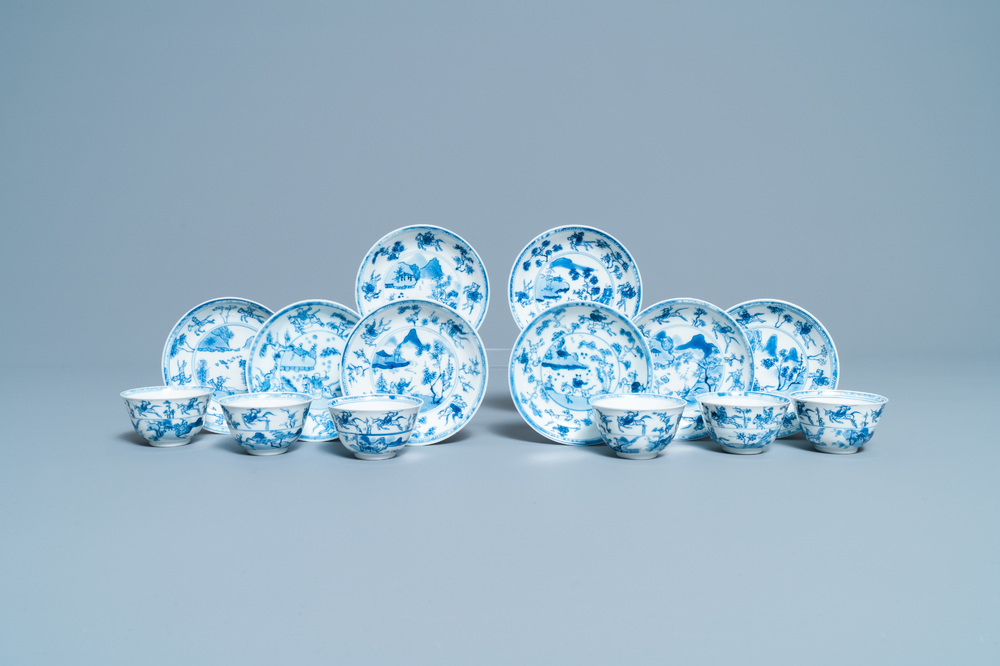 Six Chinese blue and white cups and eight saucers with horseriders, Kangxi