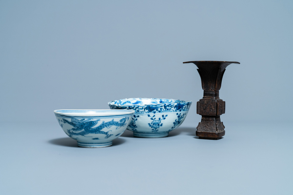 Two Chinese blue and white bowls and a bronze vase, Ming