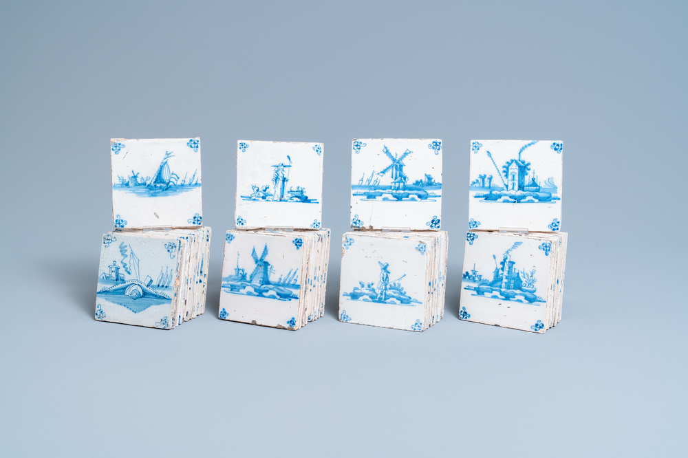 Veertig blauw-witte Delftse tegels met landschappen, 18e eeuw