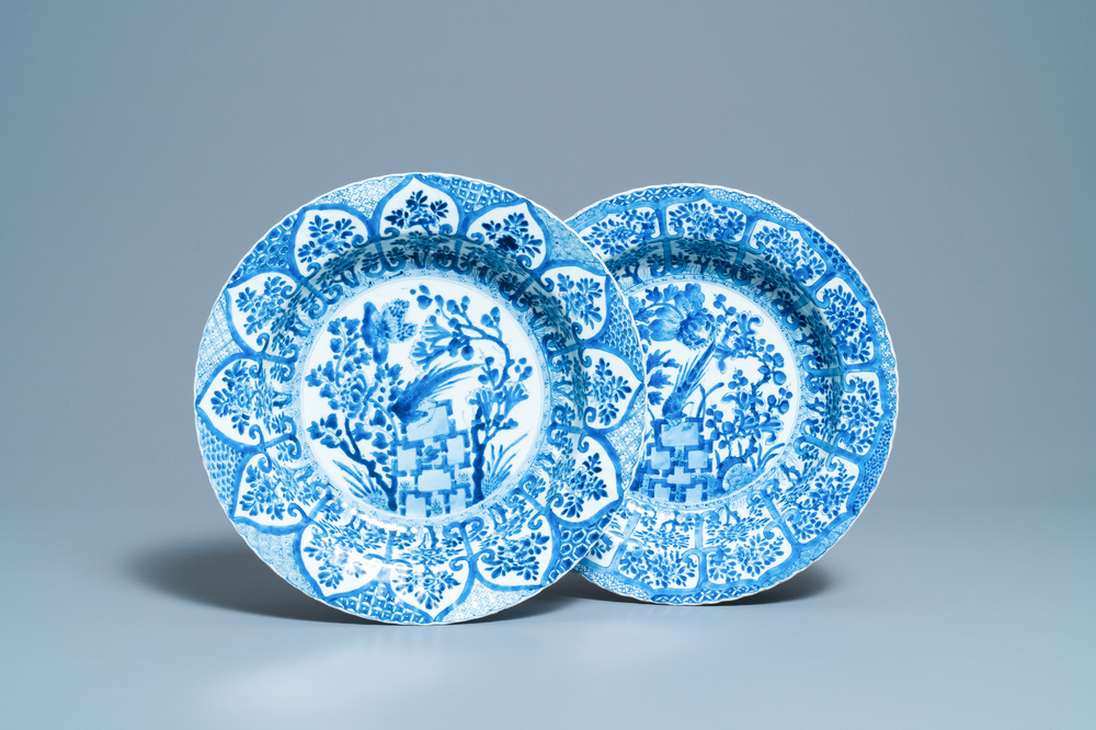 A pair of Chinese blue and white 'pheasant' chargers, Kangxi