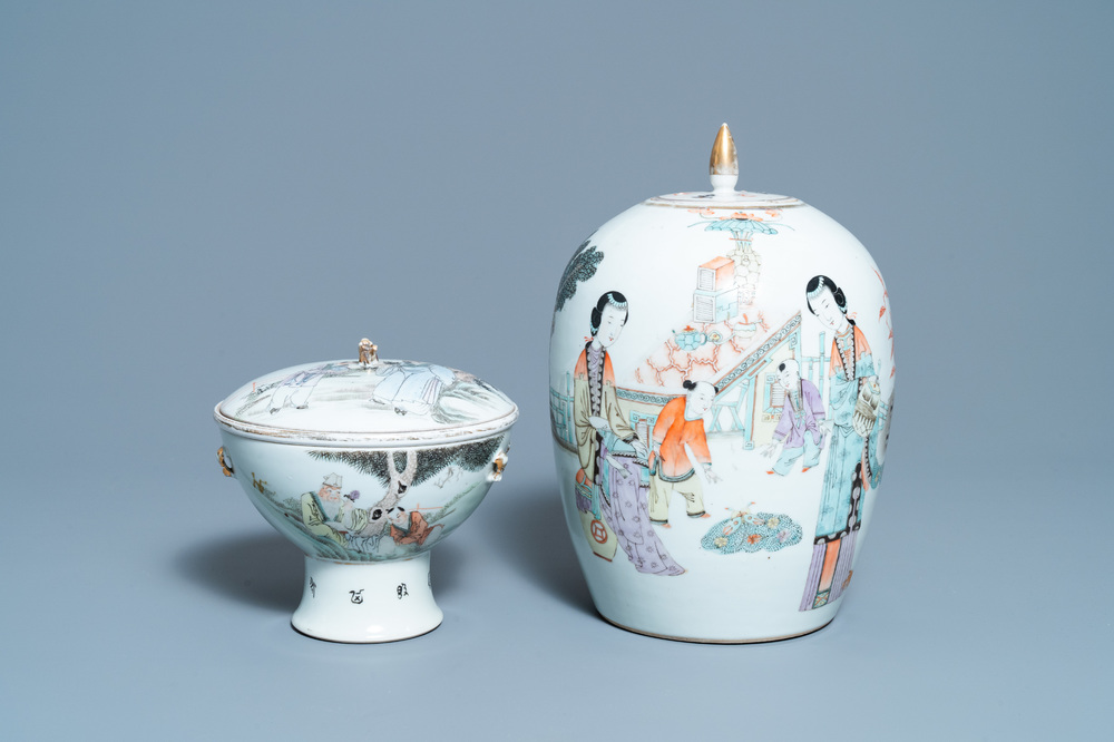 A Chinese qianjiang cai covered bowl and a jar, 19/20th C.