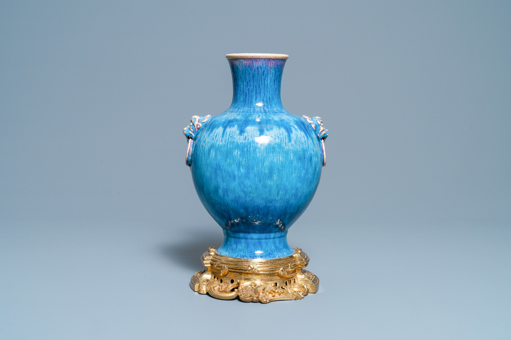 A Chinese gilt bronze-mounted flamb&eacute;-glazed vase, 18/19th C.
