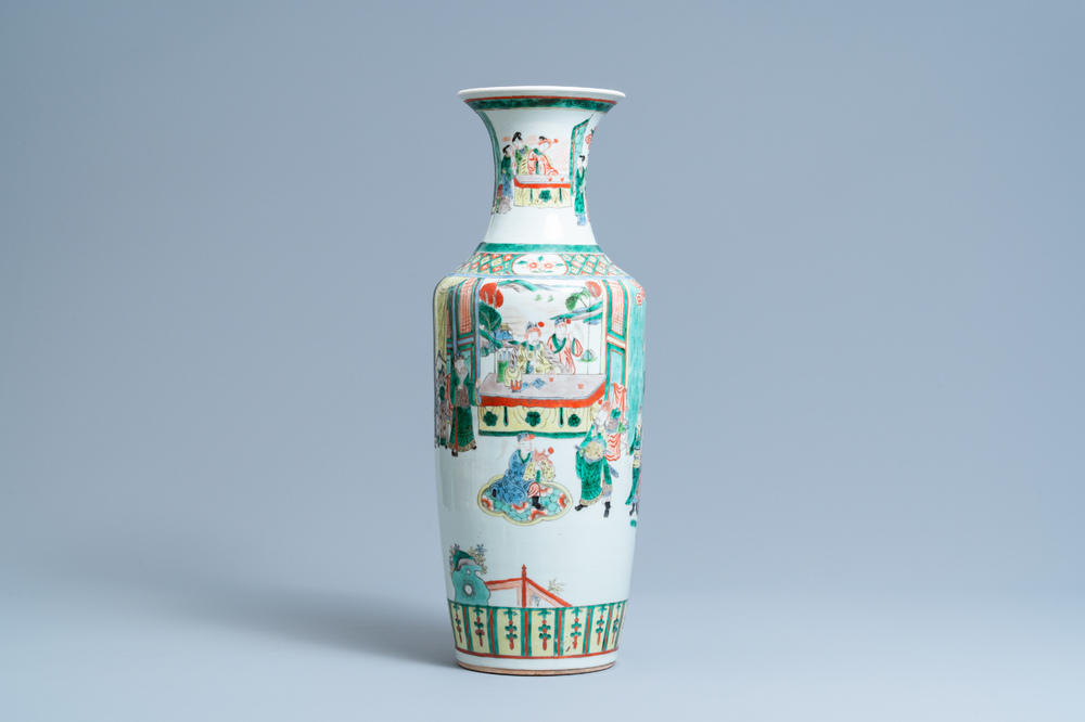 A Chinese famille verte rouleau vase, 19th C.