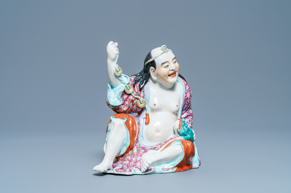 A Chinese famille rose figure of Liu Hai with the toad, seal mark, Republic