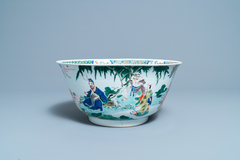 A large Chinese famille verte bowl with figurative design, Kangxi
