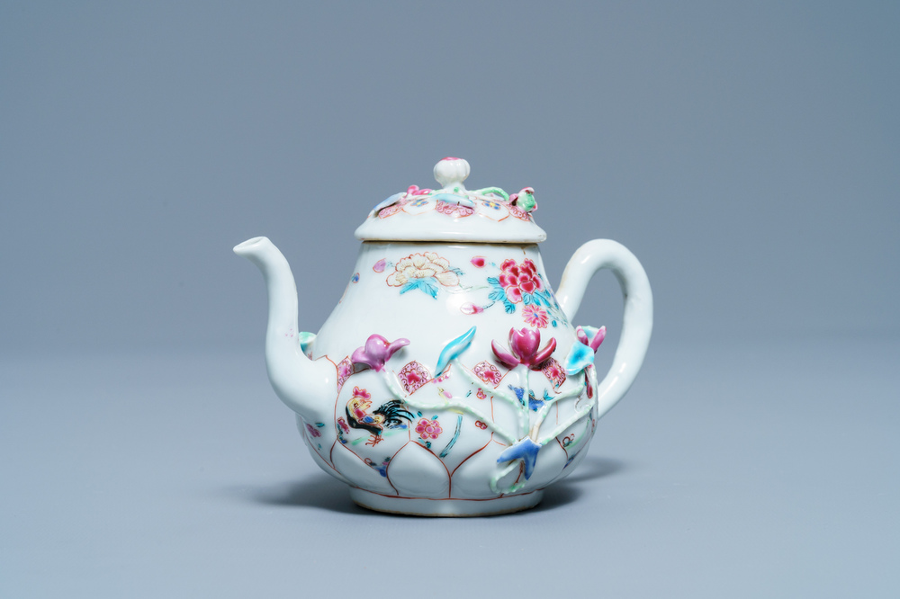 A Chinese famille rose relief-decorated teapot and cover, Yongzheng