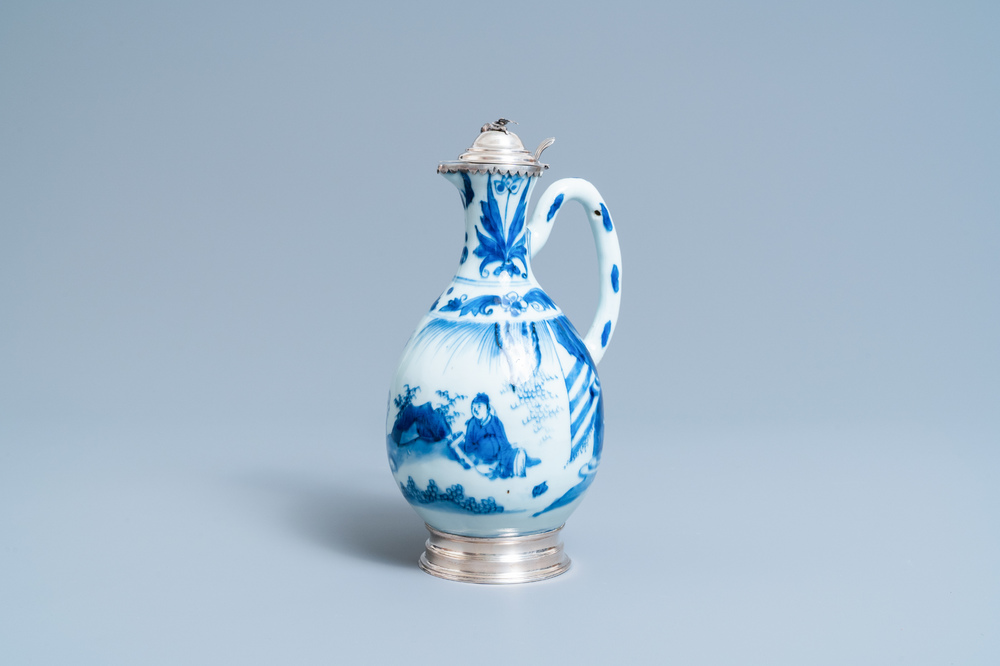 A Chinese blue and white ewer with Dutch silver mounts, Transitional period