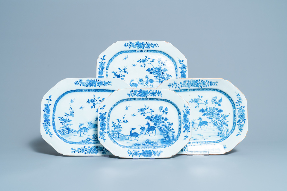 Four Chinese blue and white octagonal 'deer' dishes, Qianlong