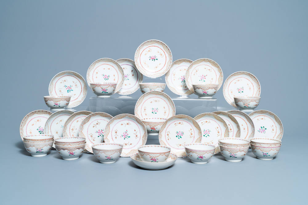 Seventeen Chinese famille rose cups and nineteen saucers, Qianlong