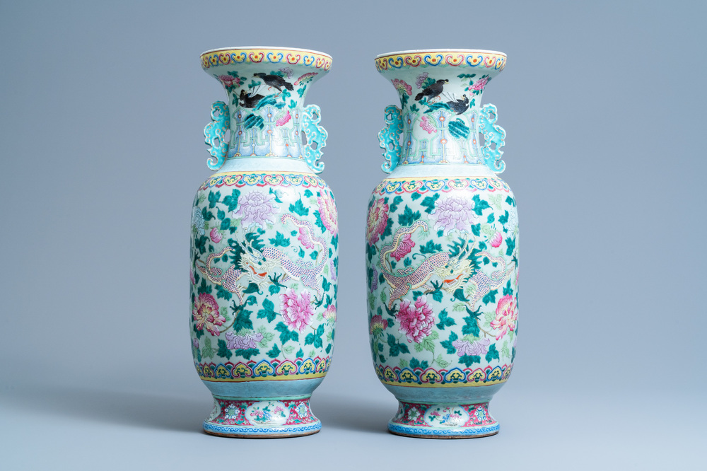 A pair of Chinese famille rose celadon-ground 'dragon' vases, 19th C.