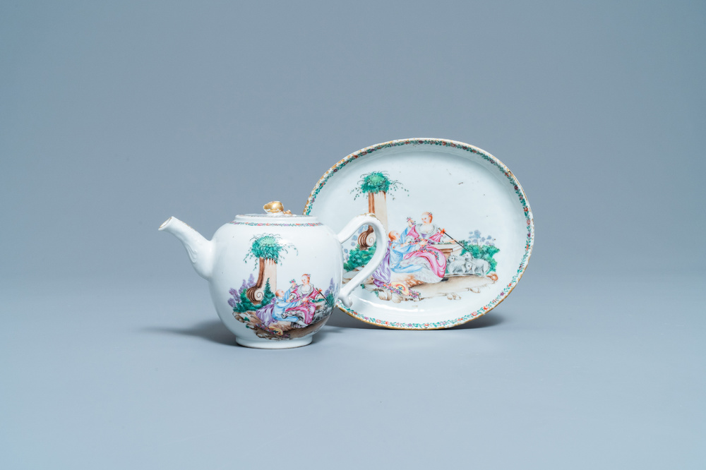 A Chinese famille rose 'romantic subject' teapot on stand, Qianlong