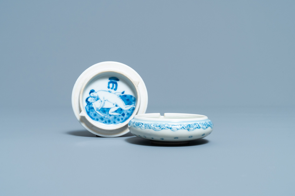 A rare Chinese blue and white 'erotical subject' box and cover, Kangxi