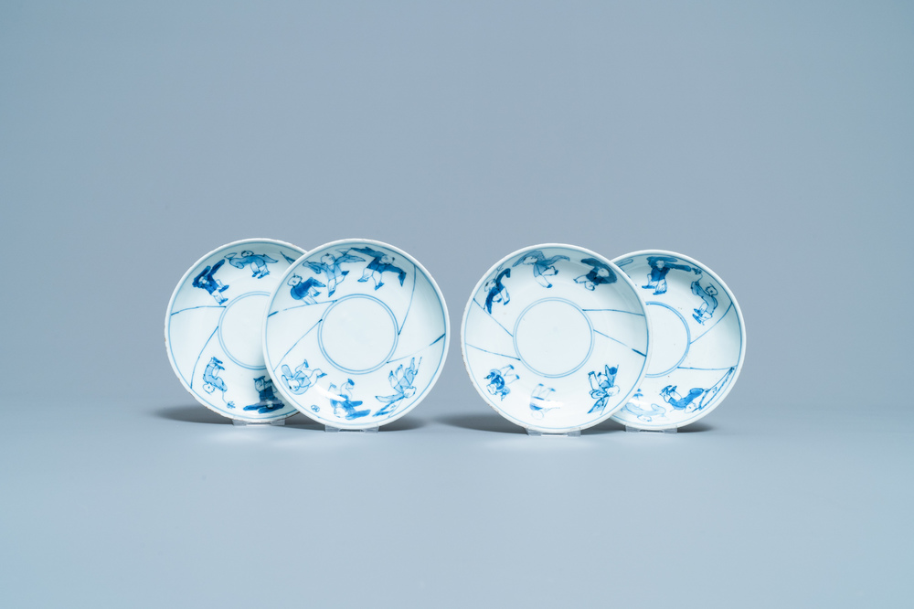 Four Chinese blue and white ko-sometsuke plates with playing boys, Tianqi