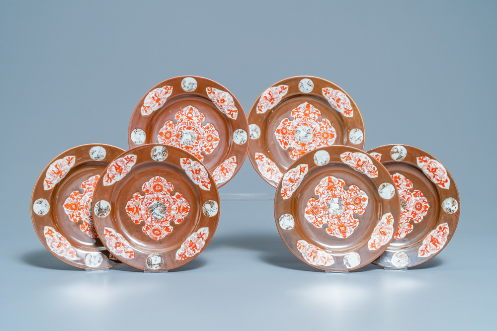 Six Chinese iron red and grisaille capucin brown-ground plates, Qianlong