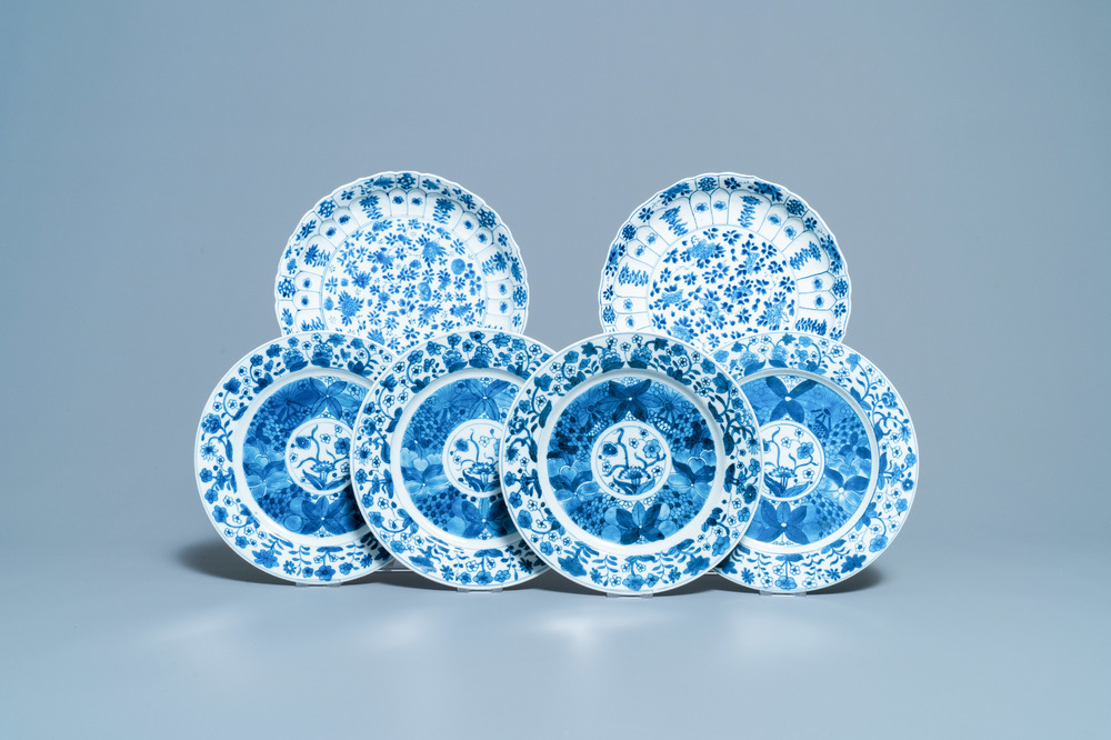 Six Chinese blue and white plates, Kangxi