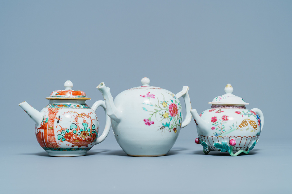 Two Chinese famille rose teapots and one Dutch-decorated teapot, Kangxi/Qianlong