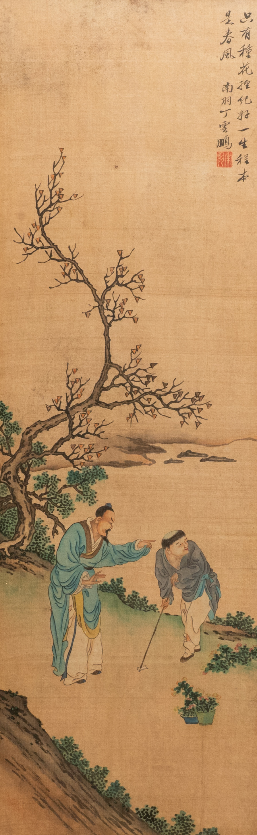Ding Yunpeng (1547-c.1628), ink and color on silk: 'Scholar and student-gardener'