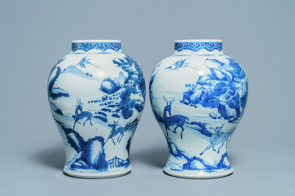 A pair of Chinese blue and white 'deer and crane' vases, Kangxi