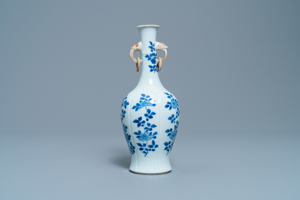 A Chinese blue and white vase with elephant-head handles, Kangxi