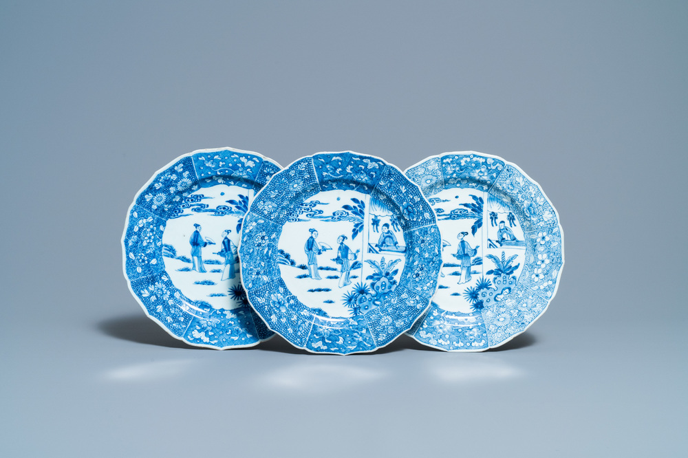 Three Chinese blue and white 'Xi Xiang Ji' dishes, Qianlong