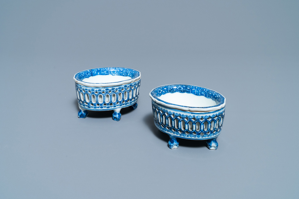 A pair of Chinese blue and white salts after European silver examples, Qianlong