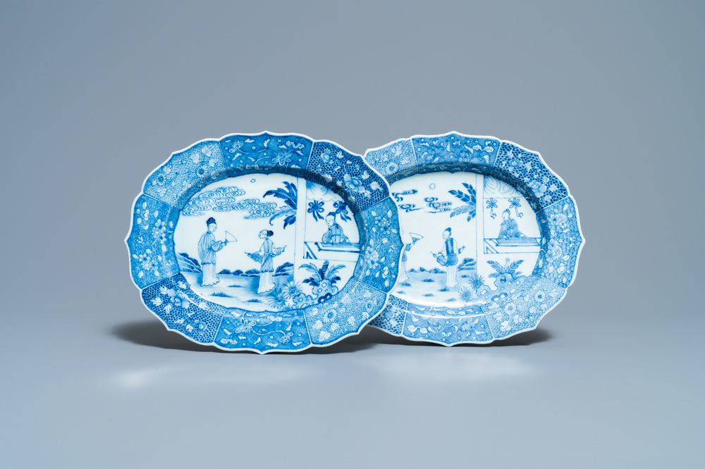 A pair of Chinese blue and white 'Xi Xiang Ji' oval dishes, Qianlong