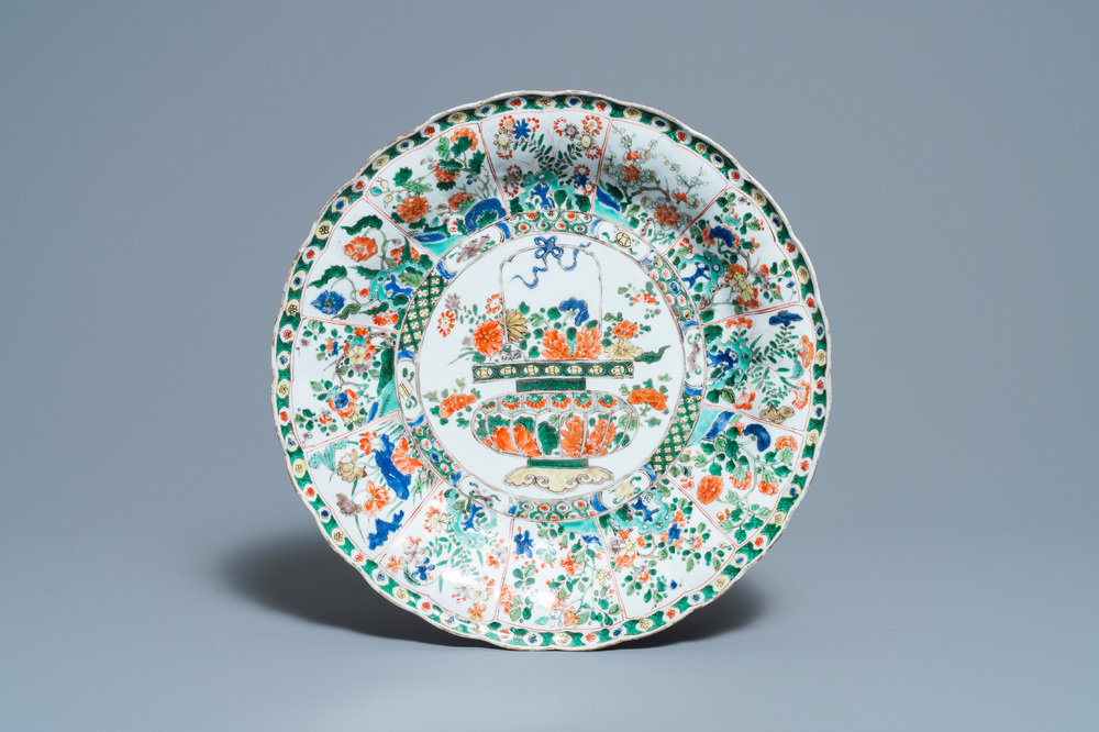 A Chinese famille verte 'flower basket' dish, Kangxi