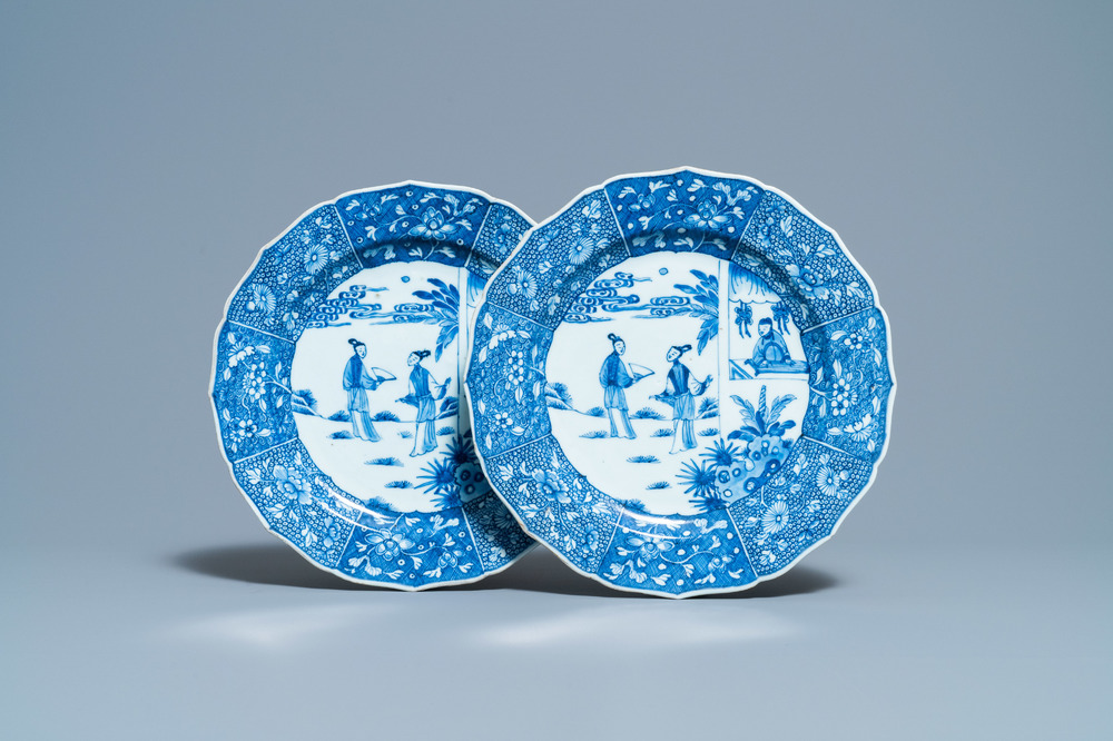 A pair of Chinese blue and white 'Xi Xiang Ji' dishes, Qianlong
