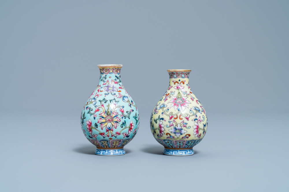 Two Chinese famille rose miniature vases, Qianlong mark, Republic