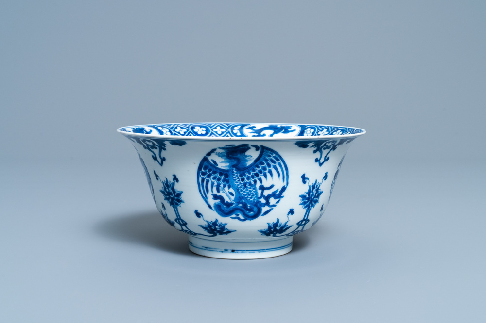 A Chinese blue and white 'dragon and phoenix bowl', Chenghua mark, Kangxi