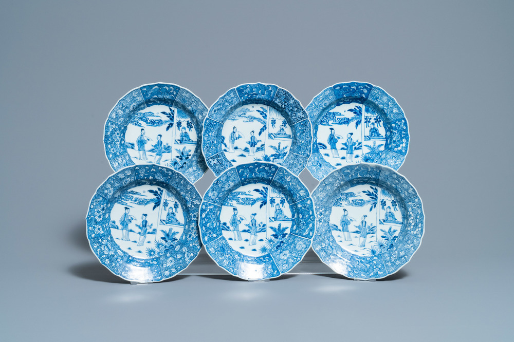 Six Chinese blue and white 'Xi Xiang Ji' plates, Qianlong
